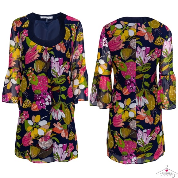 Trina Turk Silk Bonita Bell Sleeve Dress- Retro - Picture 2 of 13